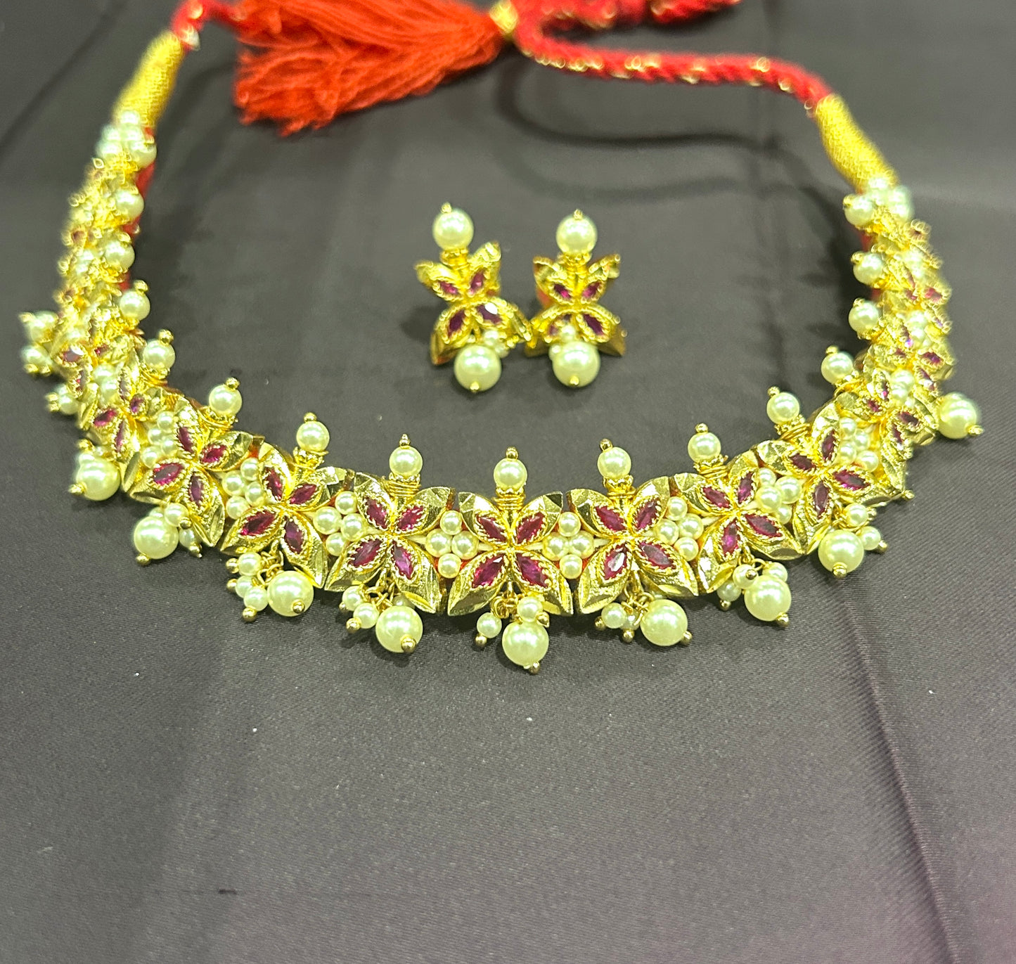Ruby & Pearl Floral Choker Set
