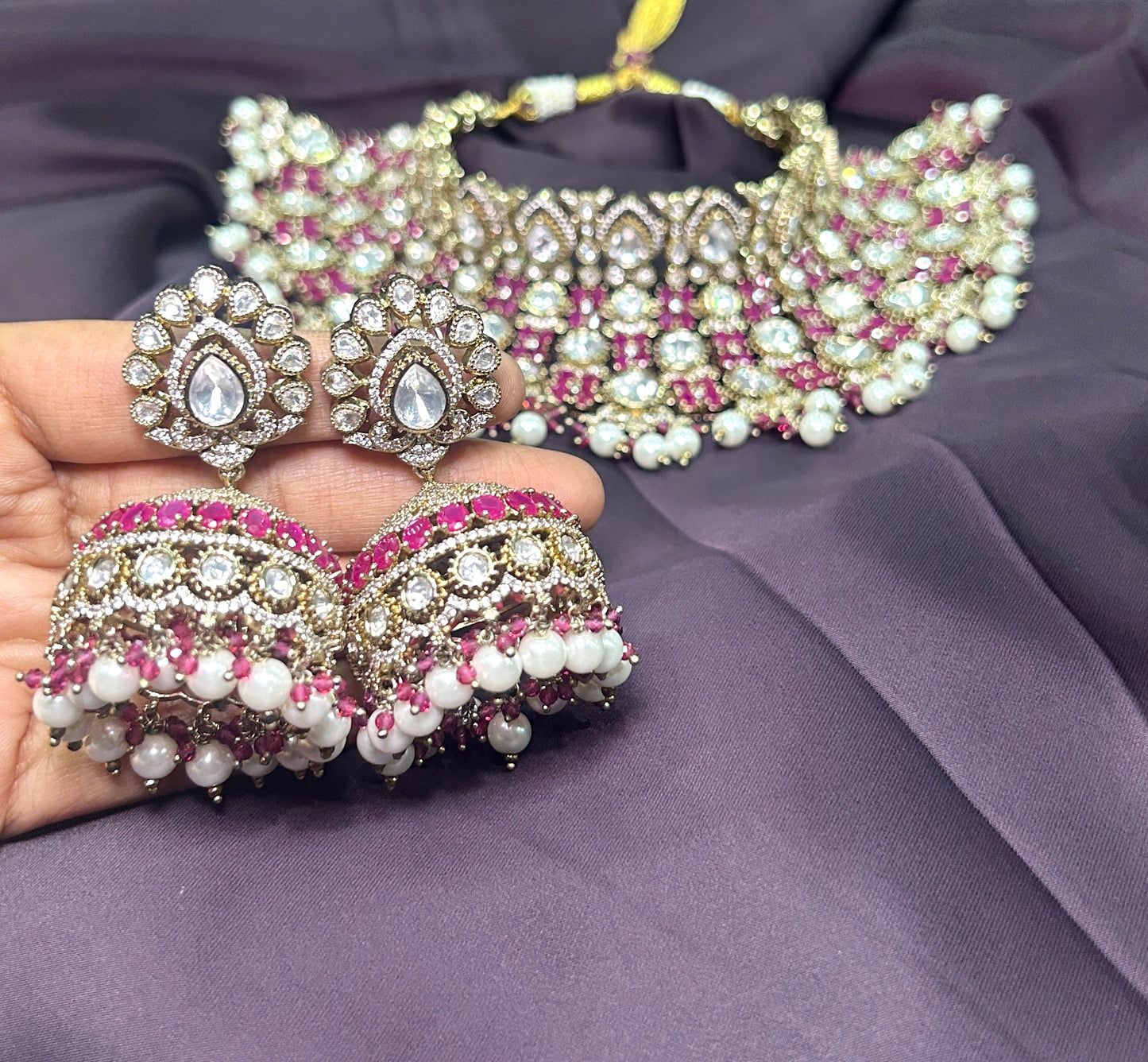 Ruby & Diamond Look Choker Necklace Set with Jhumkas