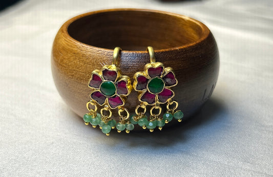 Floral Kundan Bugdi Earrings with Green Bead Danglers