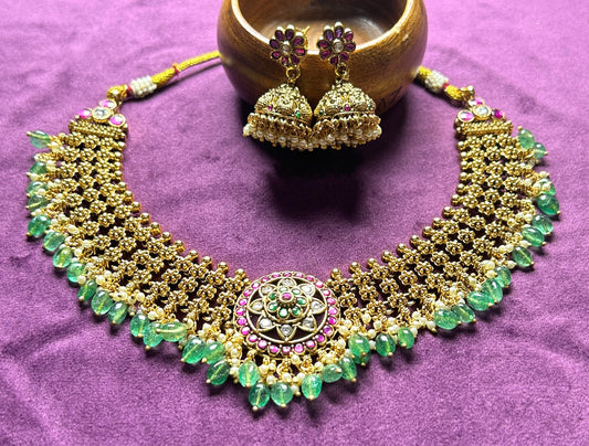Heritage Floral Choker Necklace Set with Green Beads