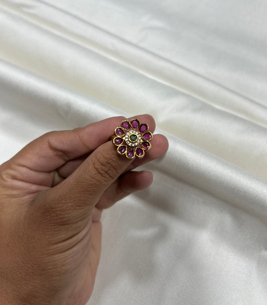 Petite Ruby–Emerald Floral Kundan Ring