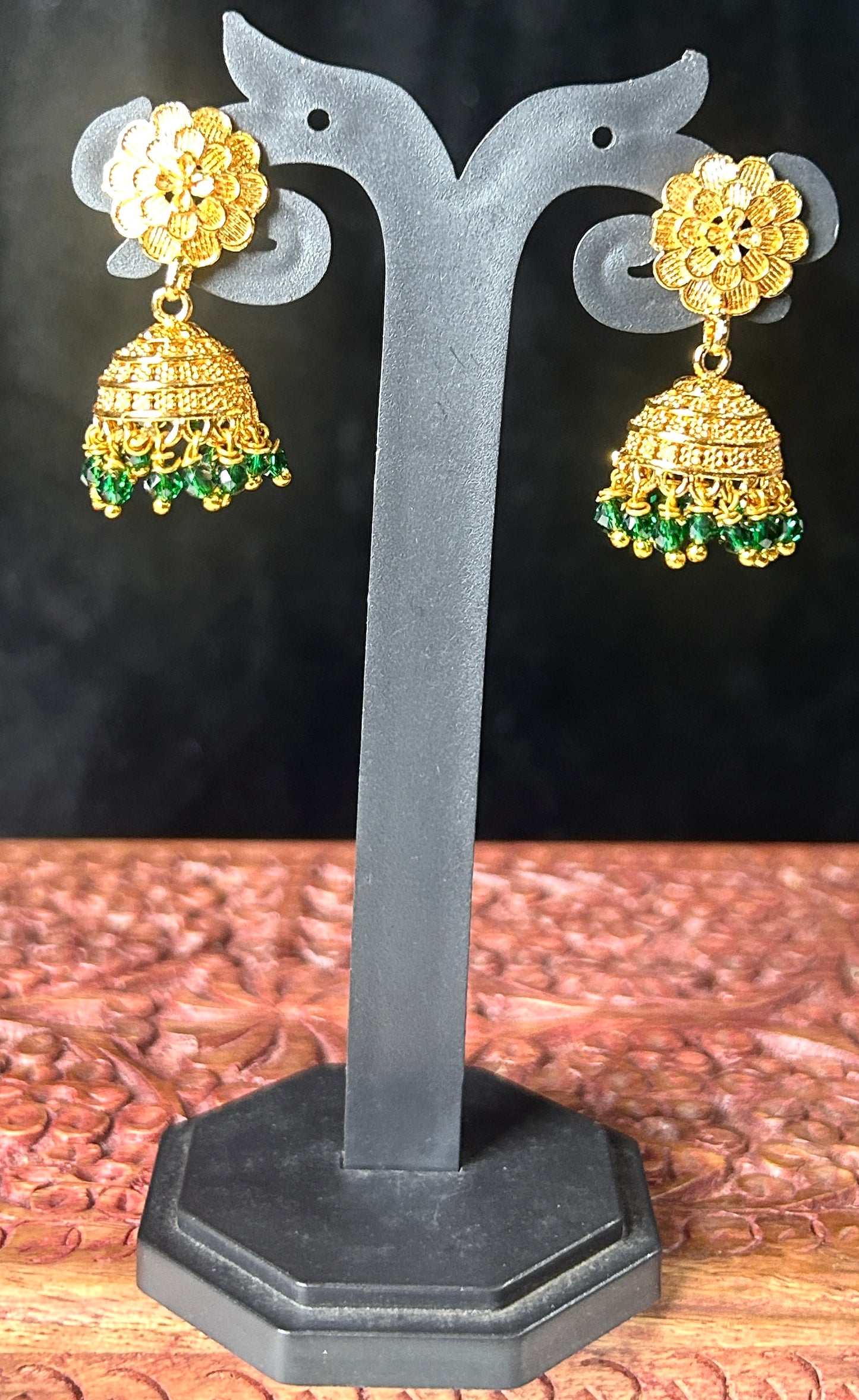Floral Stud Jhumkas with Green Bead Drops