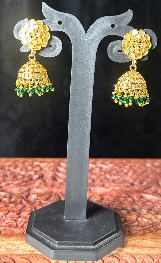 Floral Stud Jhumkas with Green Bead Drops
