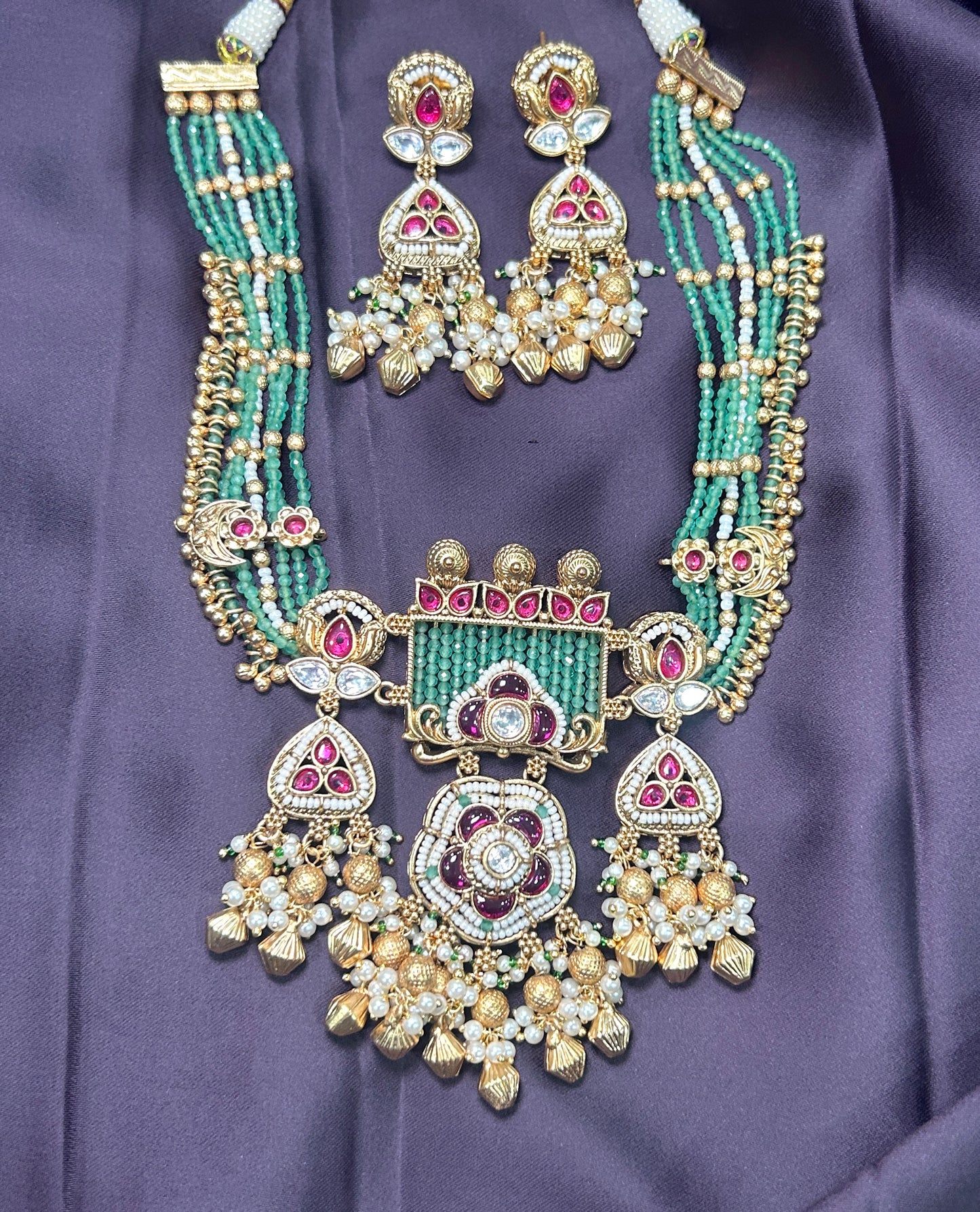 Green Beaded Antique Temple Necklace Set