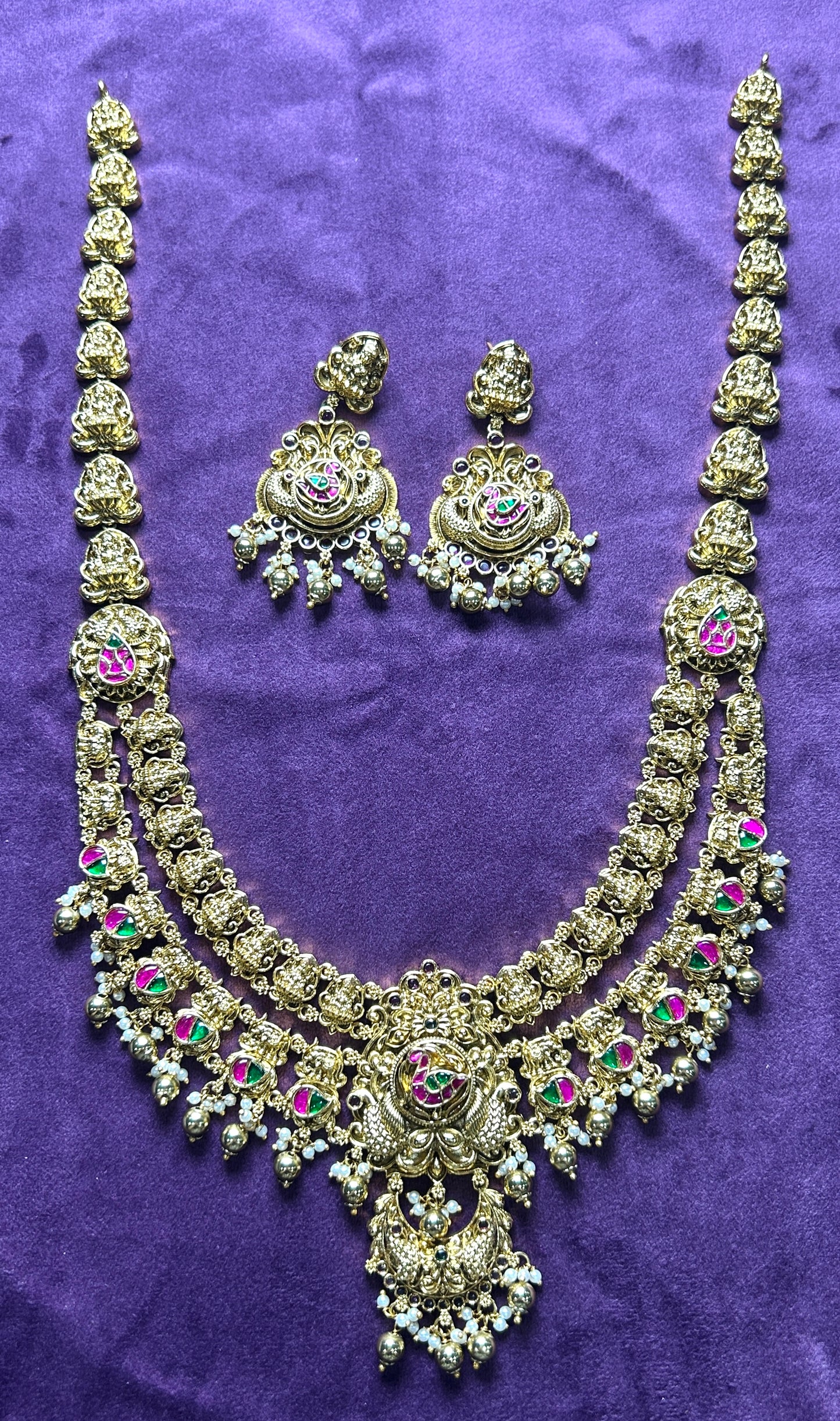 Antique Meenakari Long Temple Necklace Set