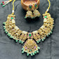 Divine Lakshmi Temple Necklace Set with Lion & Elephant Motifs – Green Stone Highlights