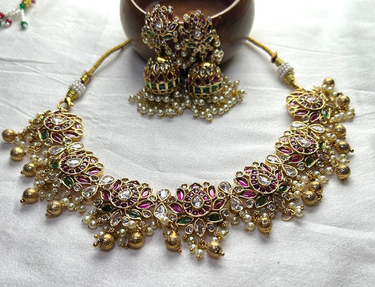 Kundan Choker Necklace Set – With Pearl Drops & Meenakari Touch