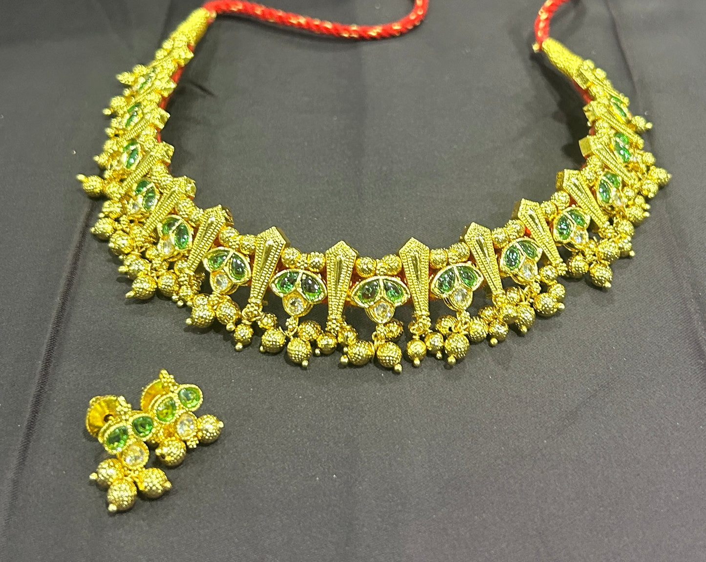 Traditional Green Stone Choker Set with Earrings