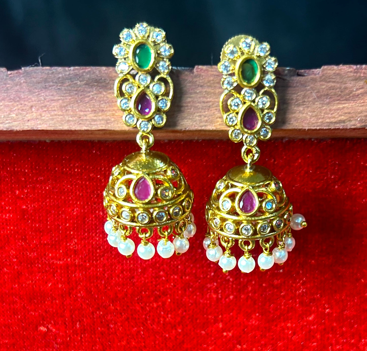 Emerald & Ruby Stone Jhumka Earrings with Pearls