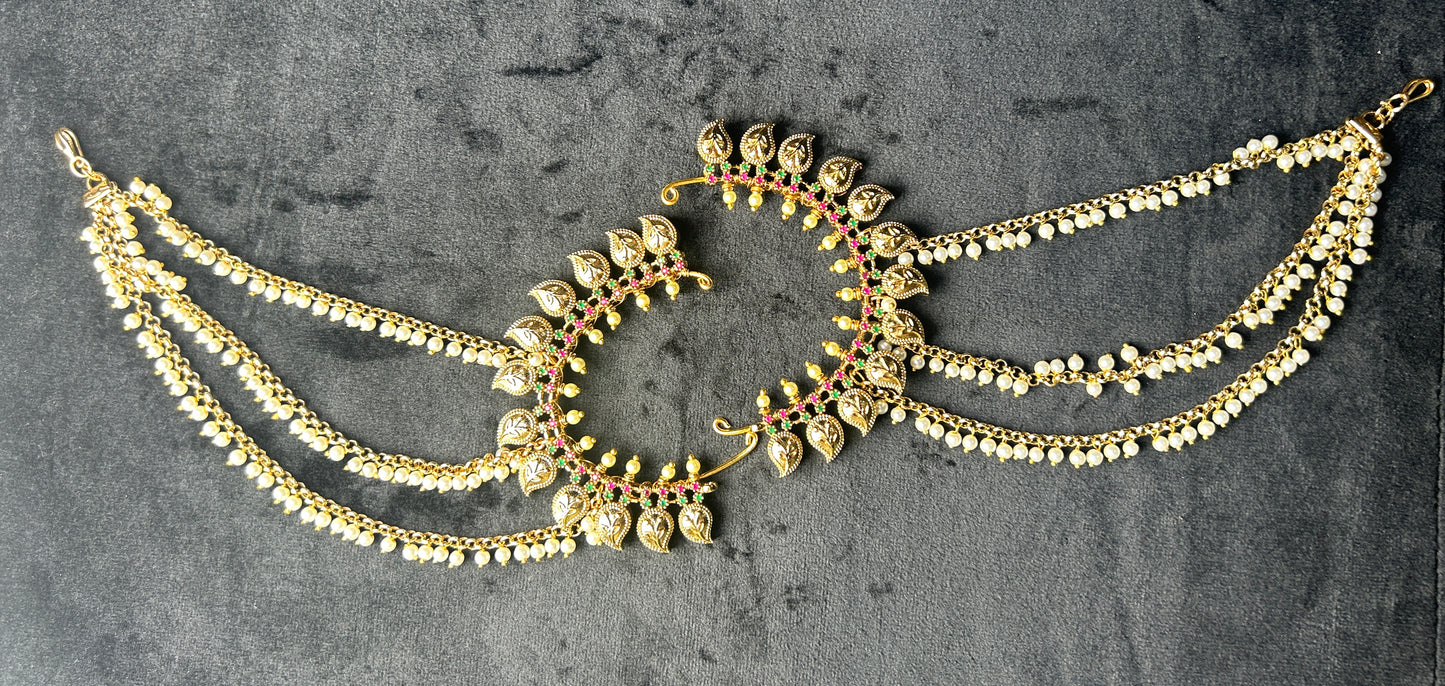 Antique Leaf Motif Ear Cuffs with Pearl Chains – Festive Heritage Design