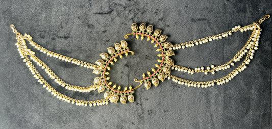 Antique Leaf Motif Ear Cuffs with Pearl Chains – Festive Heritage Design
