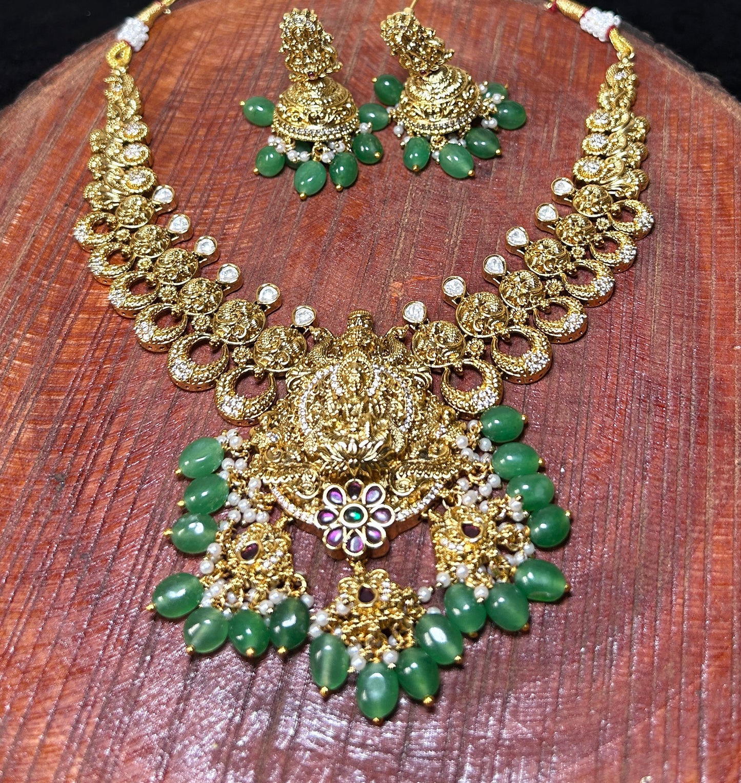 Lakshmi Antique Temple Necklace with Emerald Drops
