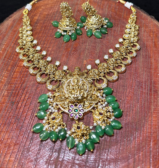 Lakshmi Antique Temple Necklace with Emerald Drops