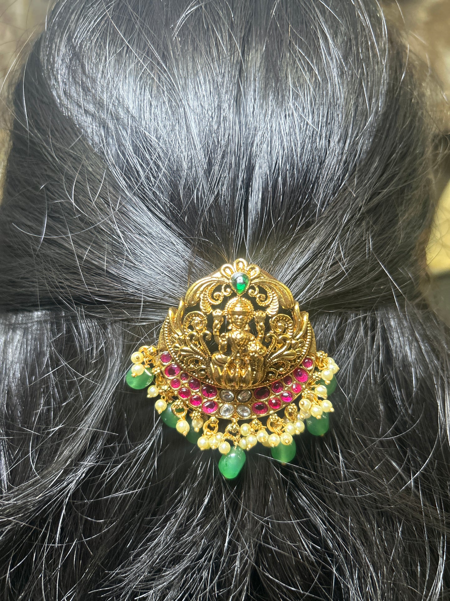 Goddess Lakshmi Temple Hair Brooch – Ruby & Emerald Bridal Edition
