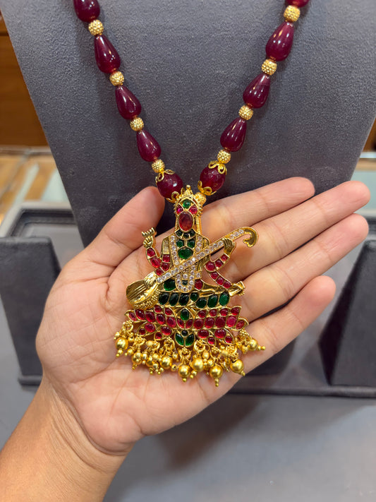 Ruby Beaded Goddess Veena Necklace