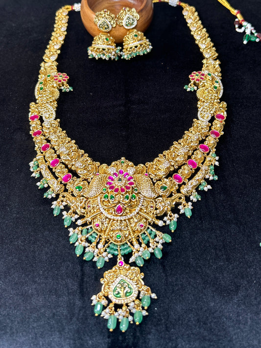 Peacock Lakshmi Temple Bridal long Necklace Set