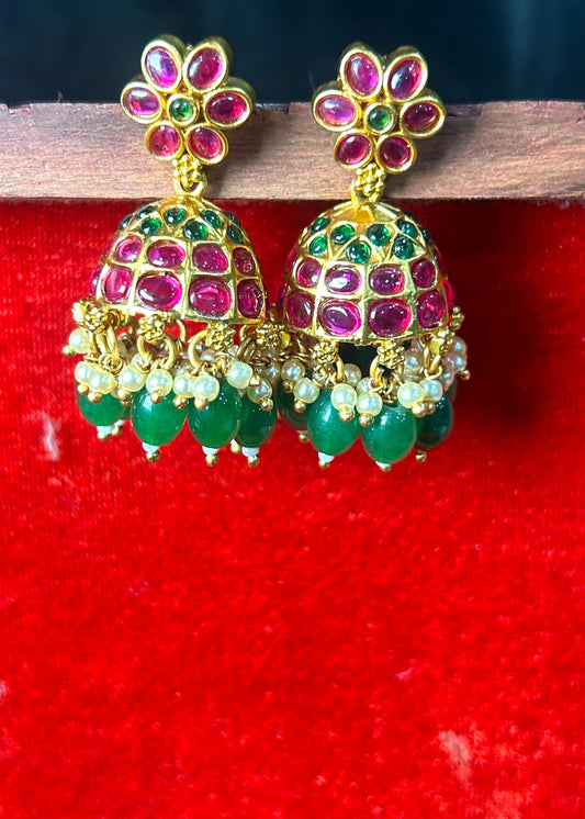 Ruby-Green Kundan Jhumka Earrings