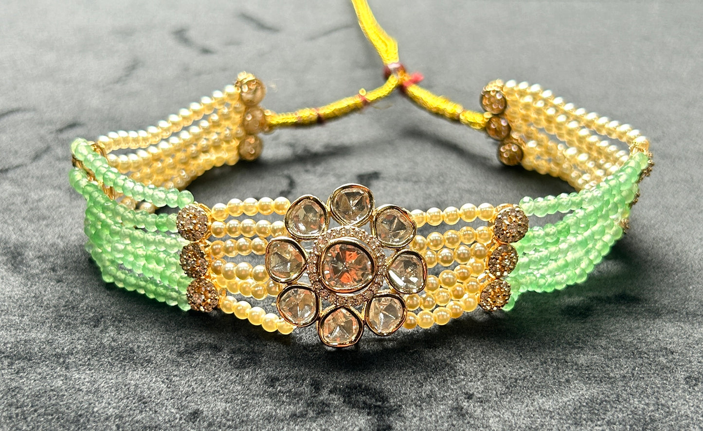 Kundan Floral Choker with Pearl & Green Bead Strands
