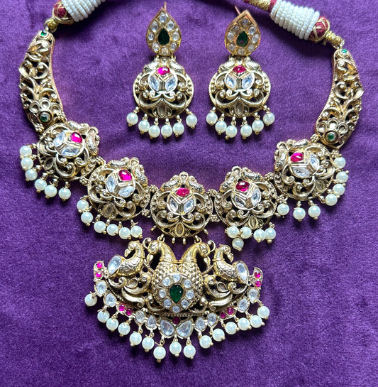 Antique Temple Necklace Set with Double Peacock Motif & Kundan Embellishments