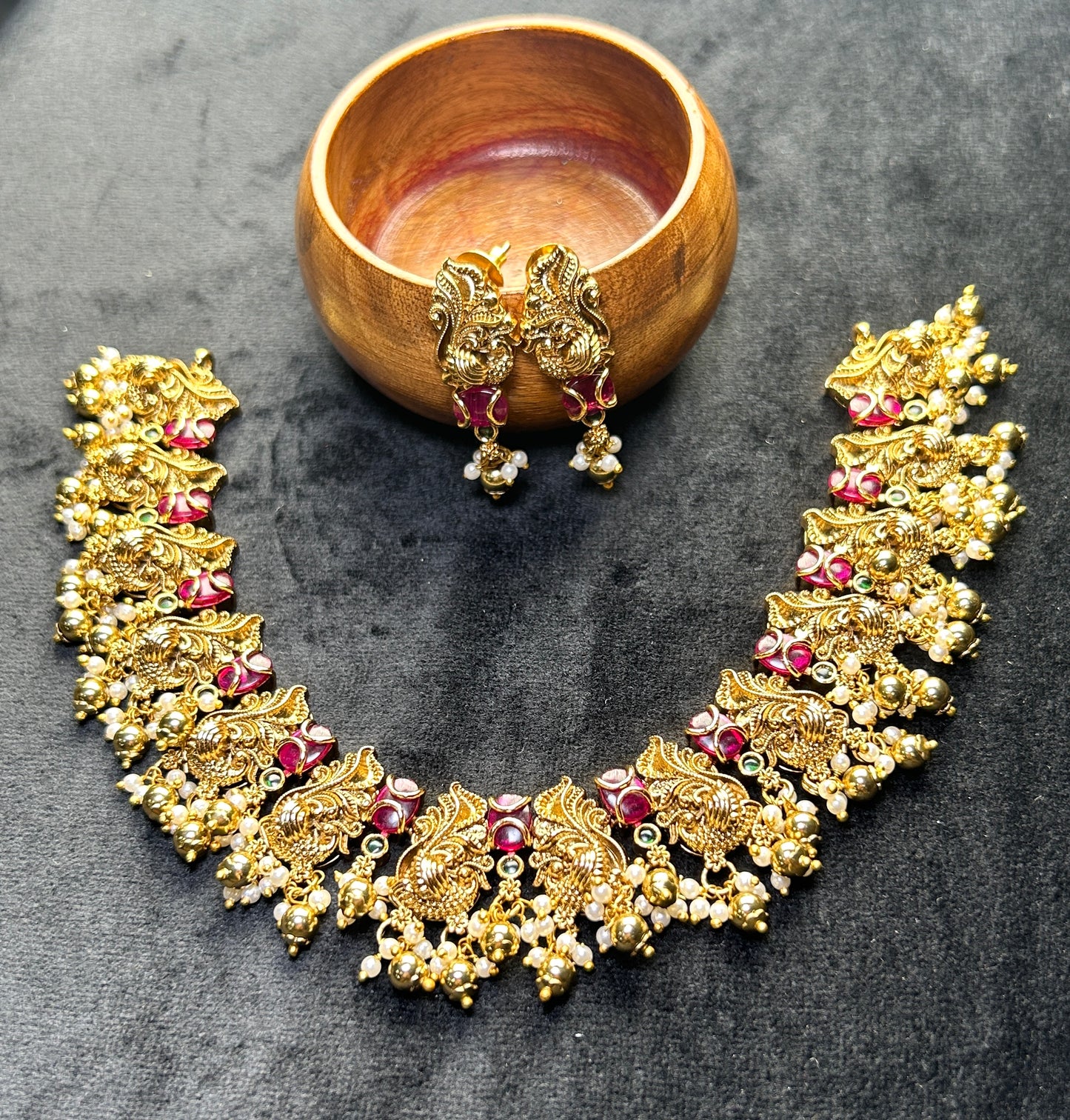 Peacock Motif Temple Necklace Set – Antique Gold with Pearl Drops