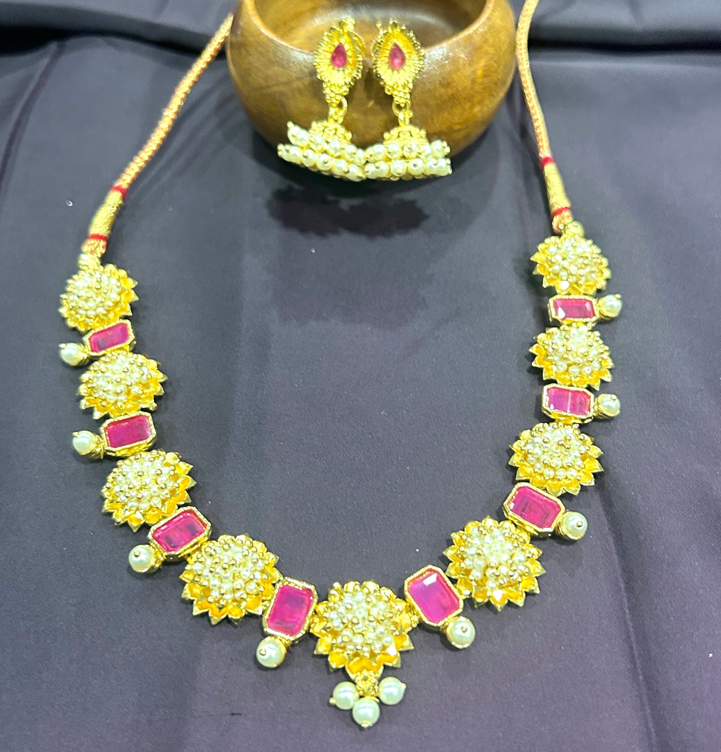 Ruby & Pearl Floral Necklace Set