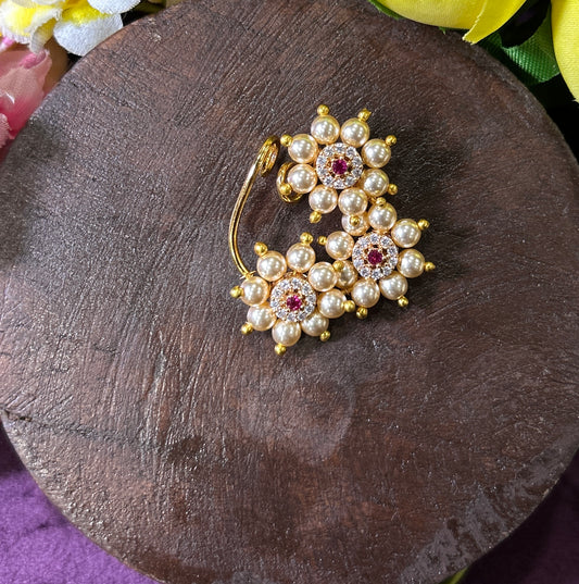 Pearl Cluster Maharashtrian Nath with Ruby Accent