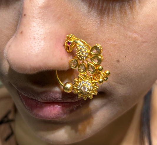 Peacock Motif Maharashtrian Nath with Crystal Sun Pendant