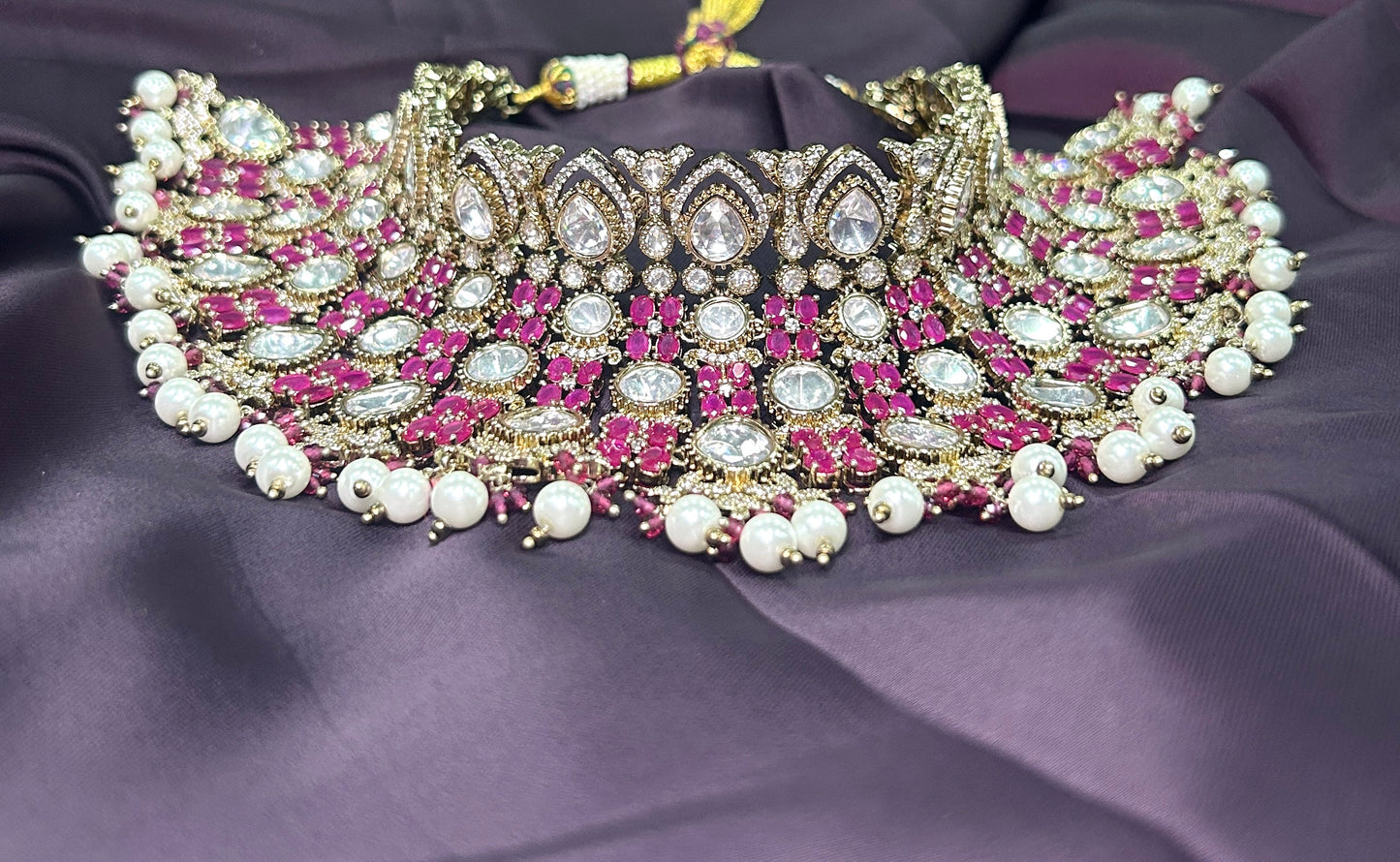 Ruby & Diamond Look Choker Necklace Set with Jhumkas