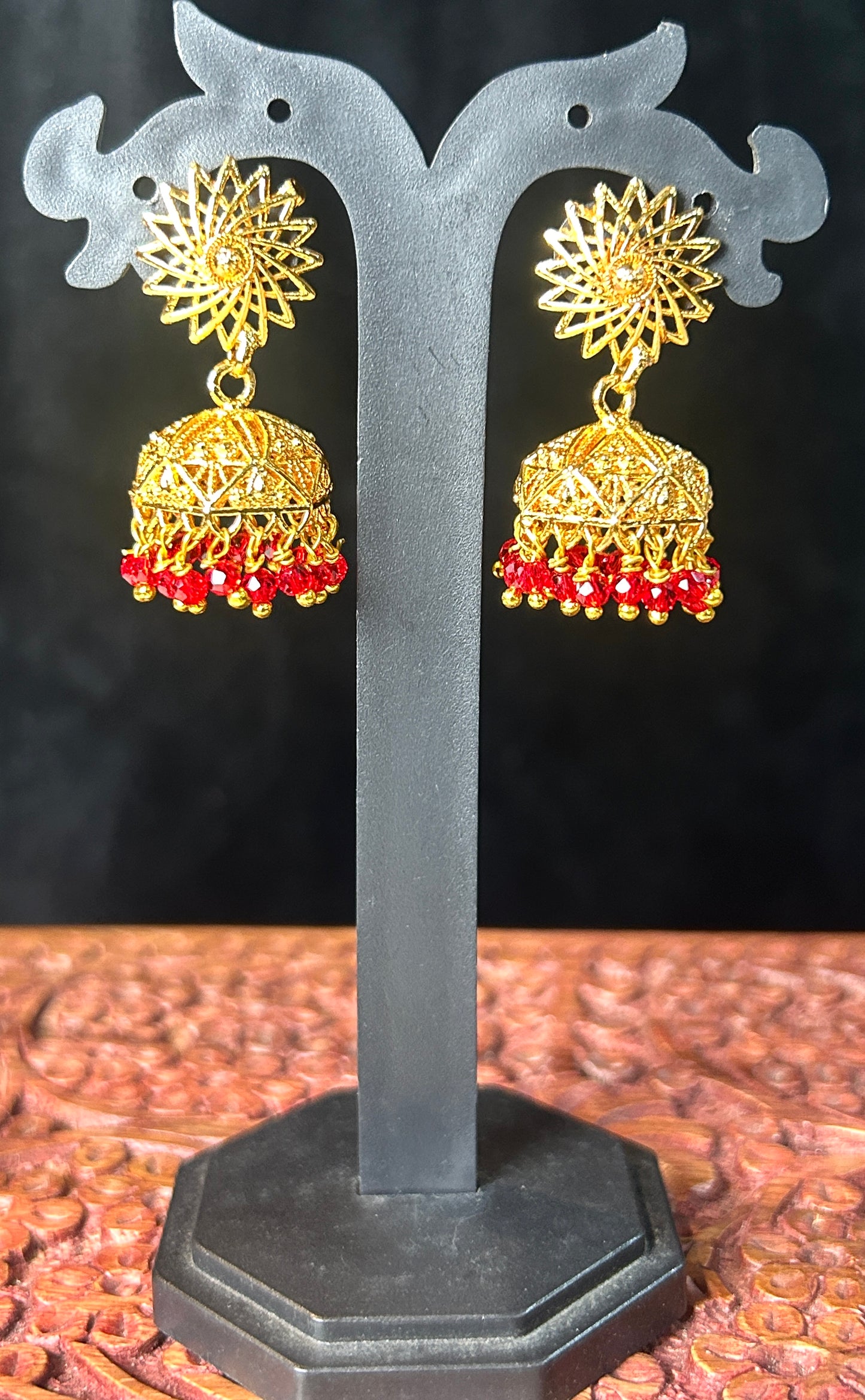 Golden Blossom Red Beaded Jhumkas