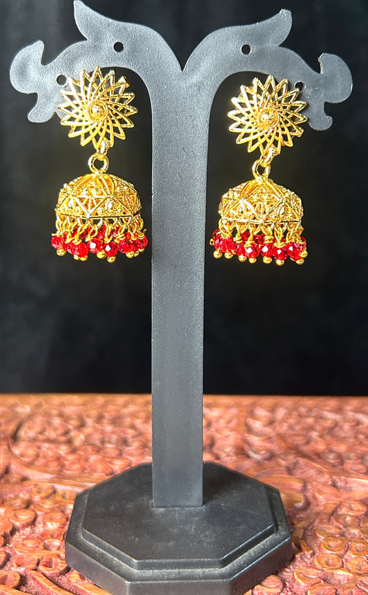 Golden Blossom Red Beaded Jhumkas