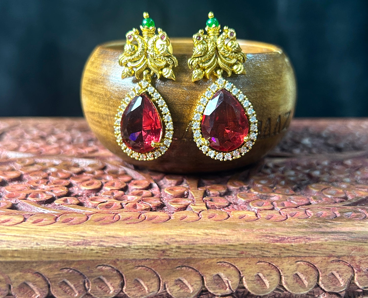 Peacock Ruby Teardrop Statement Earrings