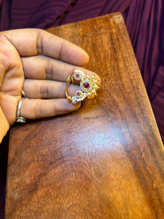Ruby Pearl Embellished Maharashtrian Nath (1 Gram Gold)