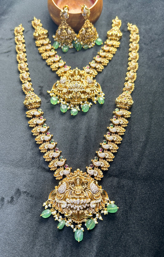 Goddess Lakshmi Bridal Temple Jewellery Set – Antique Gold with Green Drops