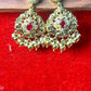 Ruby Red Stone Jhumka Earrings with Pearl & Gold Drops