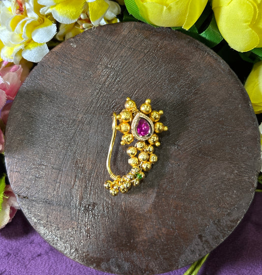 Gold Ball Cluster Maharashtrian Nath with Pink Stone