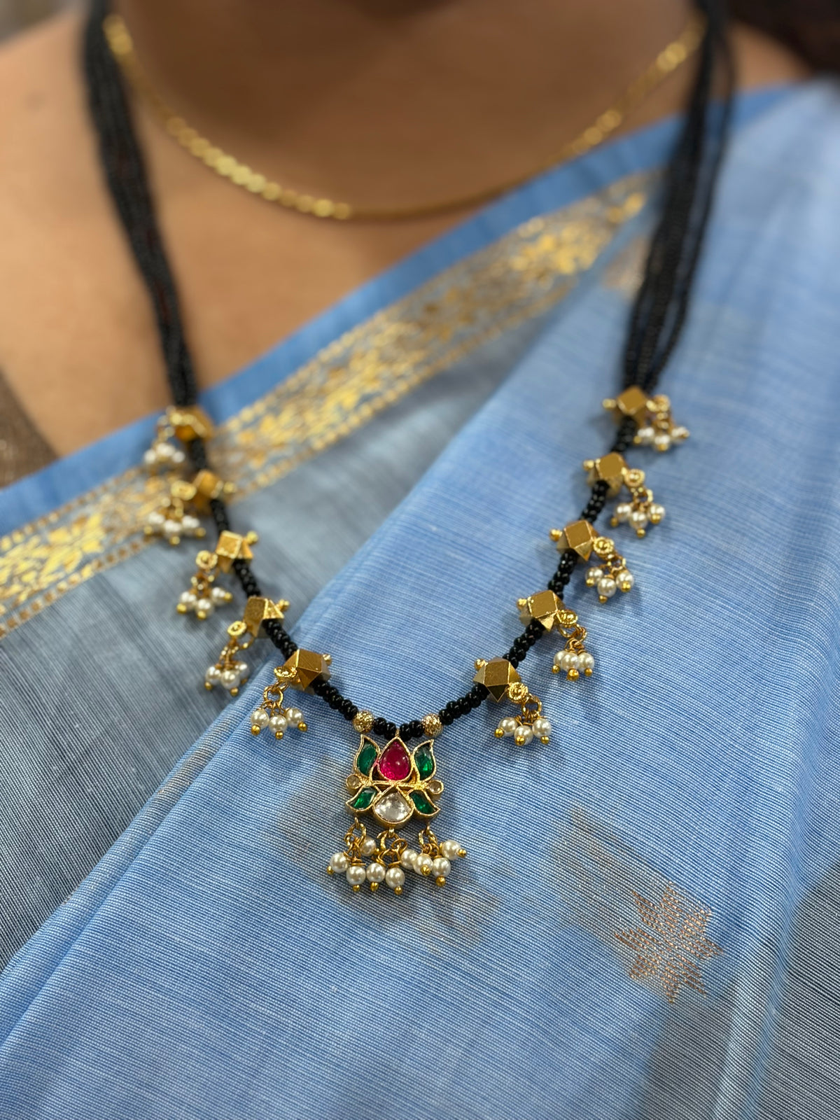 Traditional Lotus Design Black Beads Mangalsutra with Pearl Drops