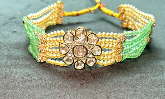 Kundan Floral Choker with Pearl & Green Bead Strands