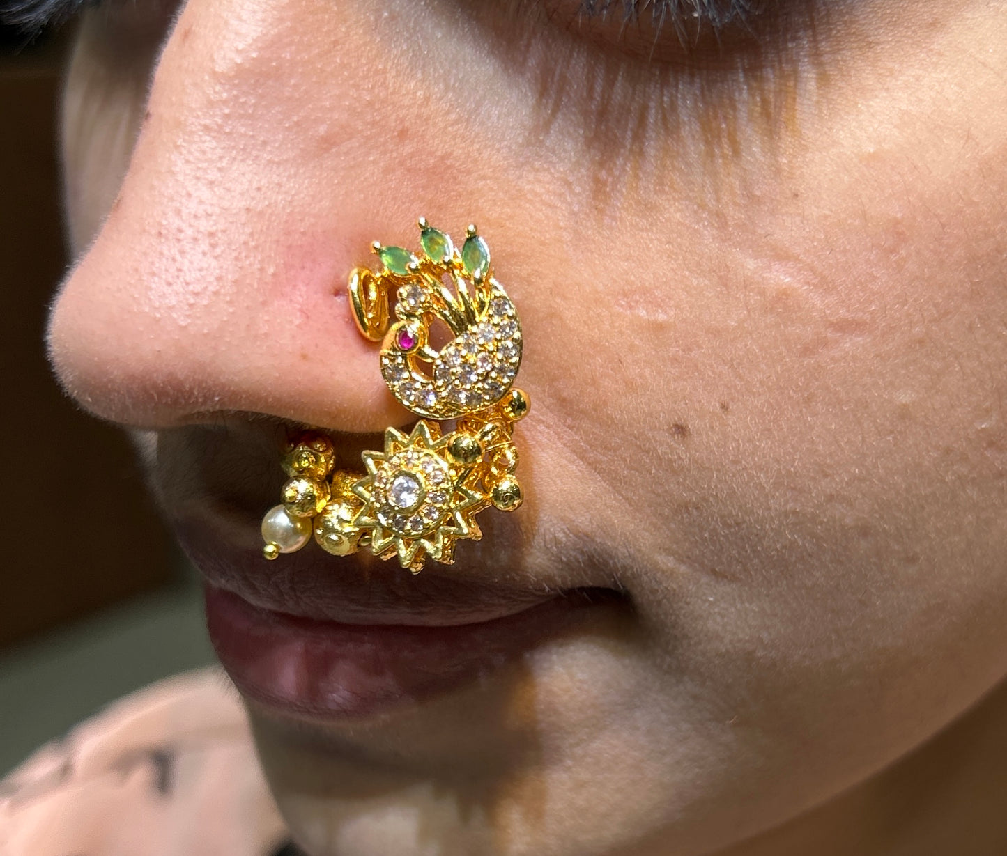 Peacock Crescent Maharashtrian Nath with Crystal Sun Charm