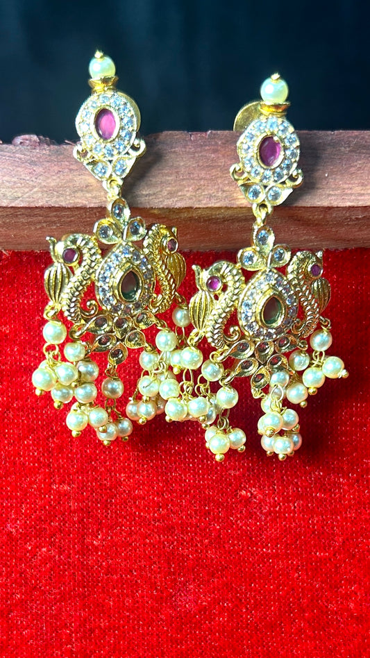 Peacock Motif Kundan Earrings with Pearl Clusters