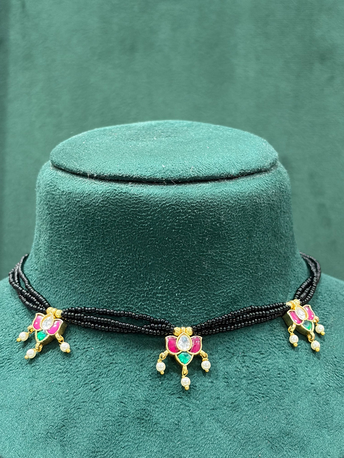 Pink Green Stone Floral Black Beads Mangalsutra with Pearl Drops