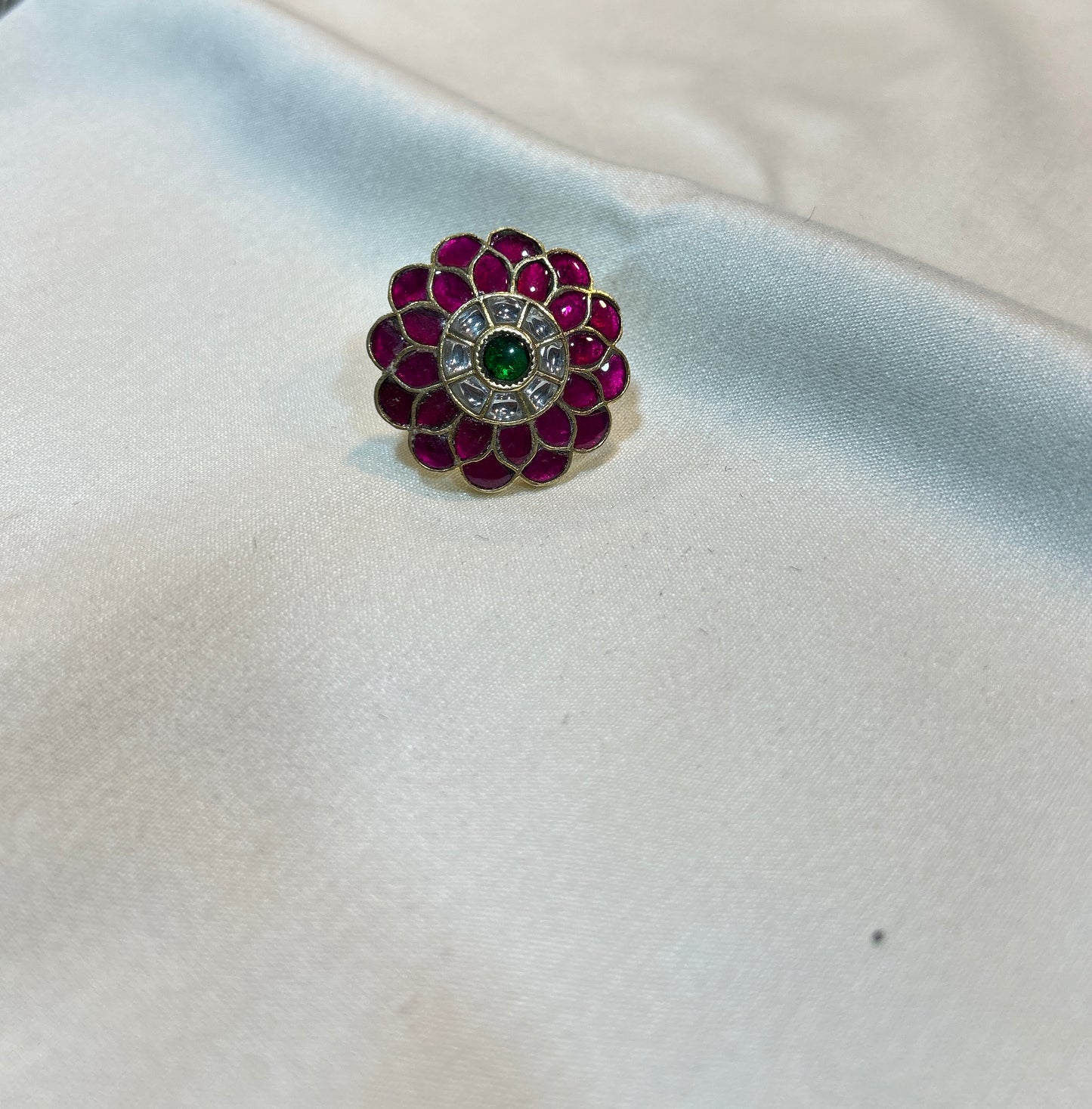 Royal Ruby–Emerald Kundan Floral Ring