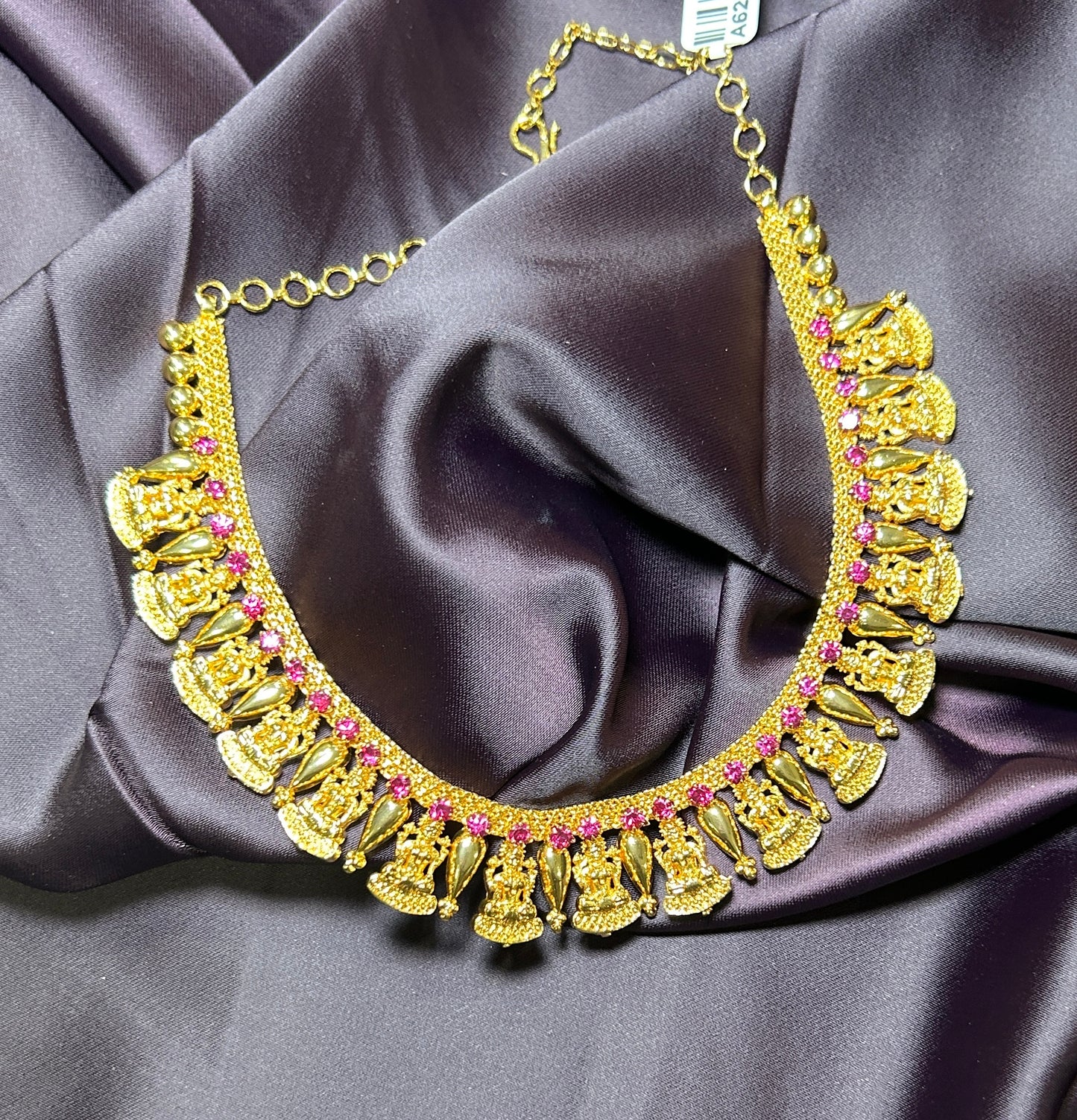 Temple Bells Necklace with Pink Stone Accents