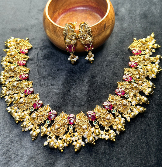 Peacock Motif Temple Necklace Set – Antique Gold with Pearl Drops