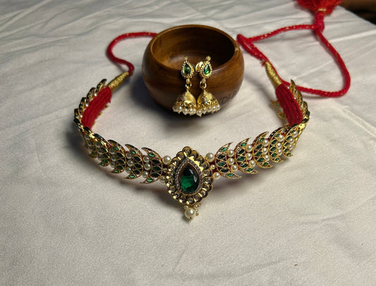 Traditional Chandrahar in Green Stone