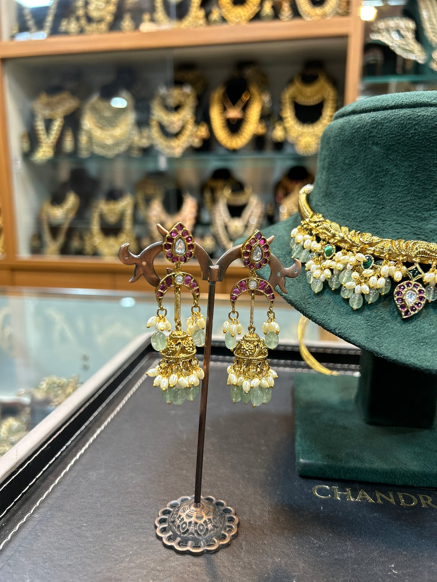 Royal Emerald & Pearl Kundan Choker Necklace with jhumkas