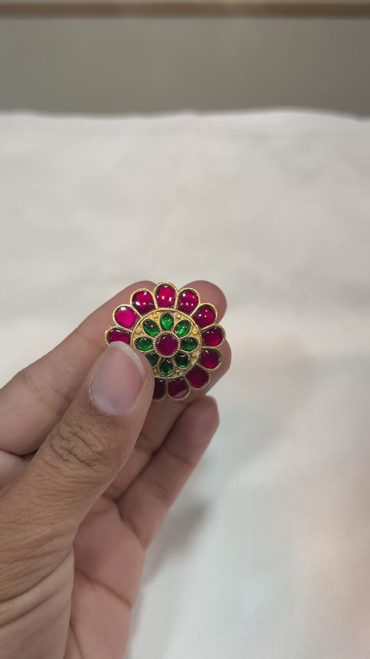 Ruby–Emerald Floral Kundan Statement Ring